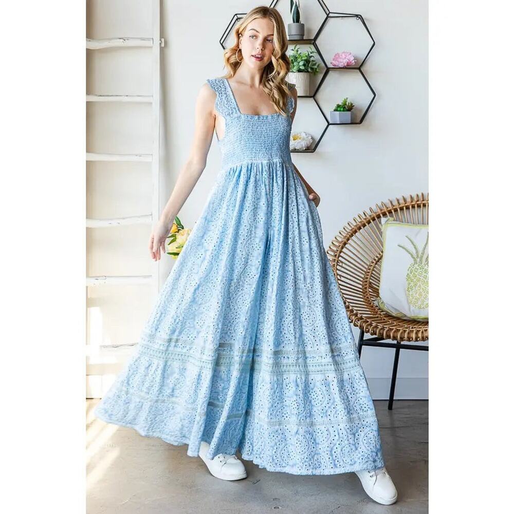 Oli & Hali Blue Eyelet Jumpsuit Smocked Bodice Wide Leg Boho Womens XL